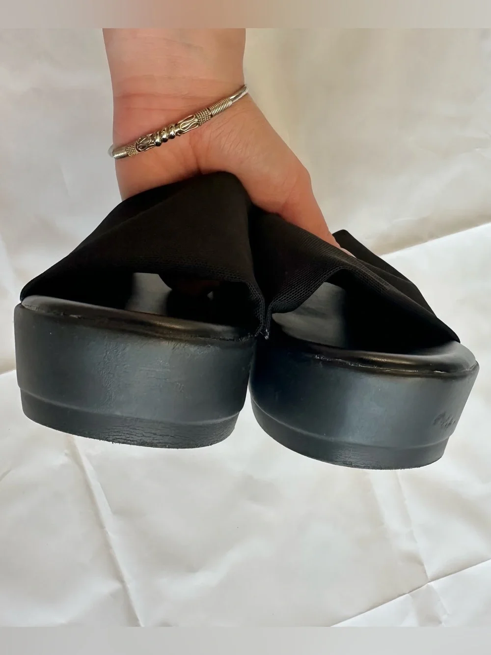 Brash black platform slide sandals, size 7